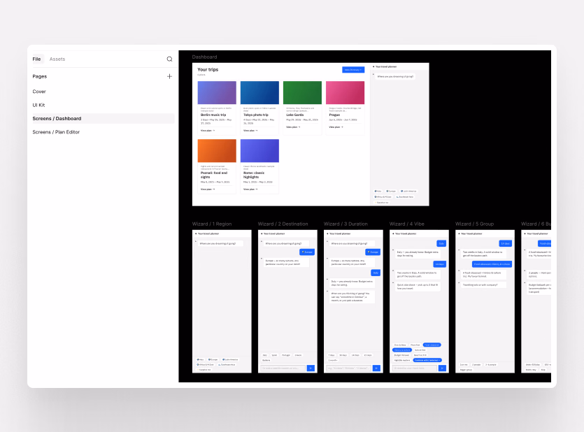 AI-generated Figma screens as a starting point for designers. Using Figma MCP, the agent generated screens reflecting the component structure and design tokens. Not a finished design — a structured starting point with correct hierarchy and tokens for designers to iterate on. The workflow closes the loop: code → Storybook → Figma.