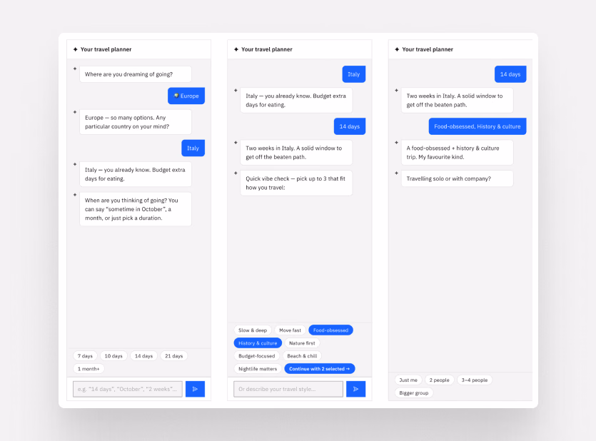 AI agent as a product feature. A Tambo AI co-pilot understands the user's plan context and can search places, add locations, generate transport routes (OSRM), and build complete attraction-level itineraries through a two-step vibe-based wizard. The agent's tool-calling infrastructure was itself built by the AI coding agent.
